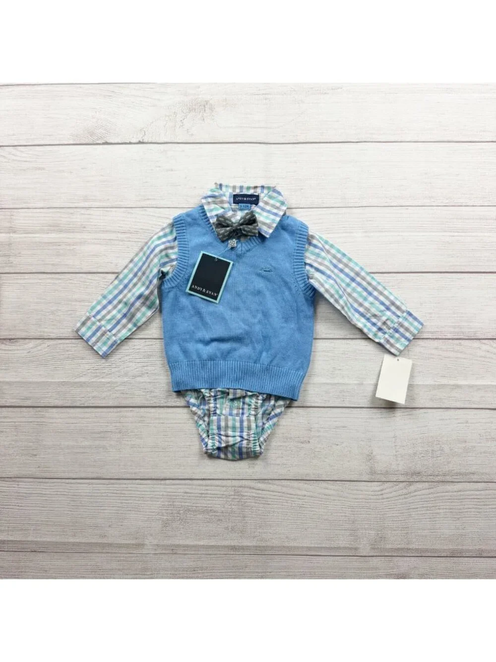 Andy & Evan Baby Blue Sweater Vest Plaid Bodysuit Outfit Bow Tie NWT 9-12 Months